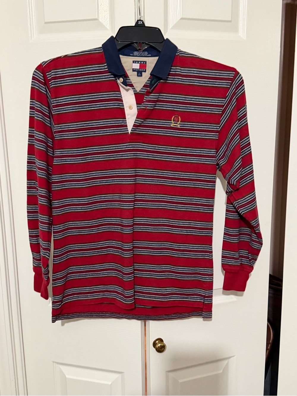 Men's Red Striped Long-Sleeve Polo Shirt L